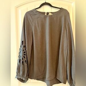 Black Button Neck Blouse with Cutout Floral Sleeve Detail